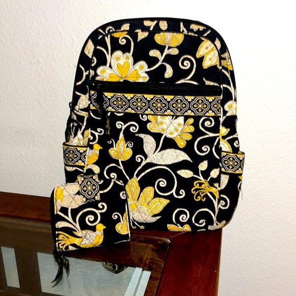 Vera Bradley yellow bird black backpack & matching wallet - Picture 1 of 3